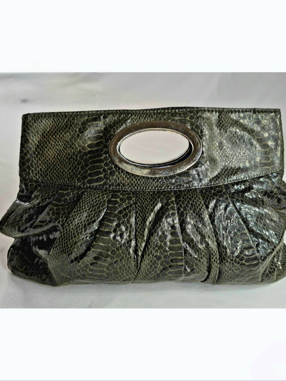 Express Deep Green Faux-Snake Clutch with Gold Oval Handle